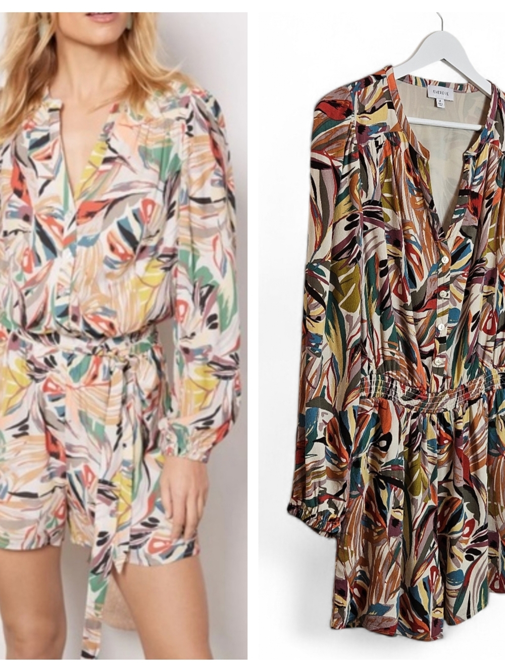 Evereve Evie Romper Tropical Print Long Sleeve V Neck Pockets M